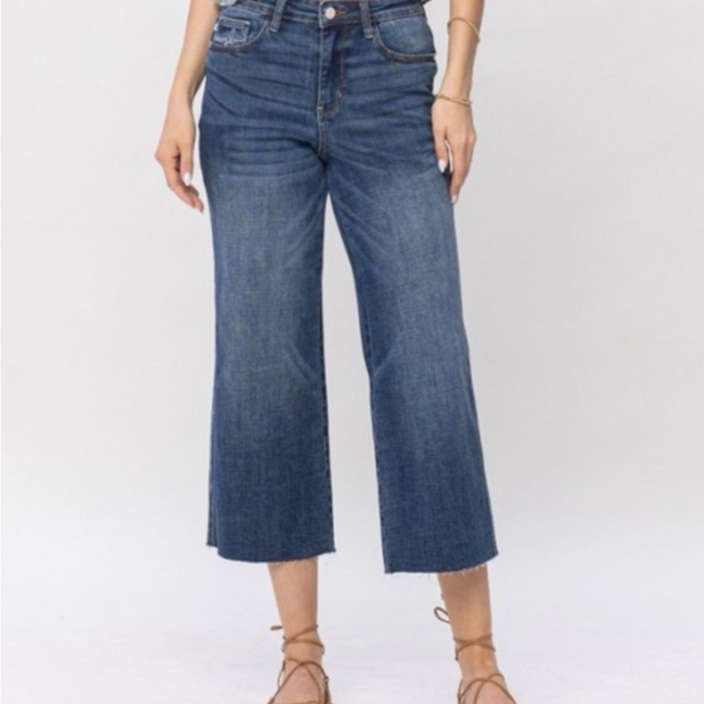JUDY BLUE | Women Vintage Wash Blue High Waist Wide Leg Crop Denim Jean size 14W - Picture 3 of 15